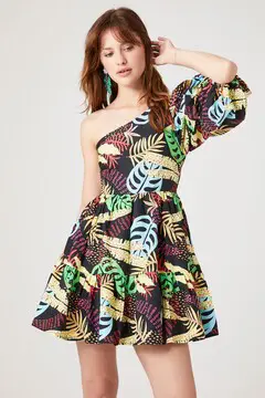 Forever 21 Forever 21 One Shoulder Tropical Print Mini Dress Black/Multi. 2