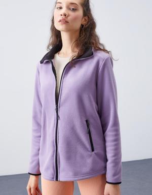 Eflatun Dik Yaka Fermuarlı Rahat Form Kadın Polar Sweatshirt - 97173