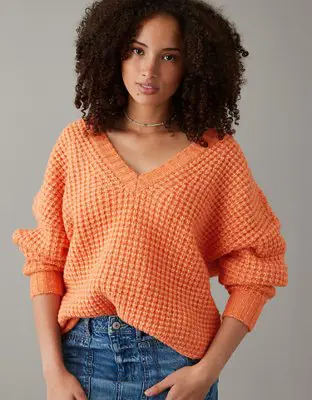 American Eagle Whoa So Cozy Waffle V-Neck Sweater. 1