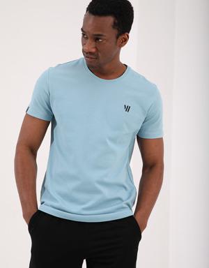 Buz Mavi Petek Dokulu Çift Ok Logolu Standart Kalıp O Yaka Erkek T-Shirt - 87921