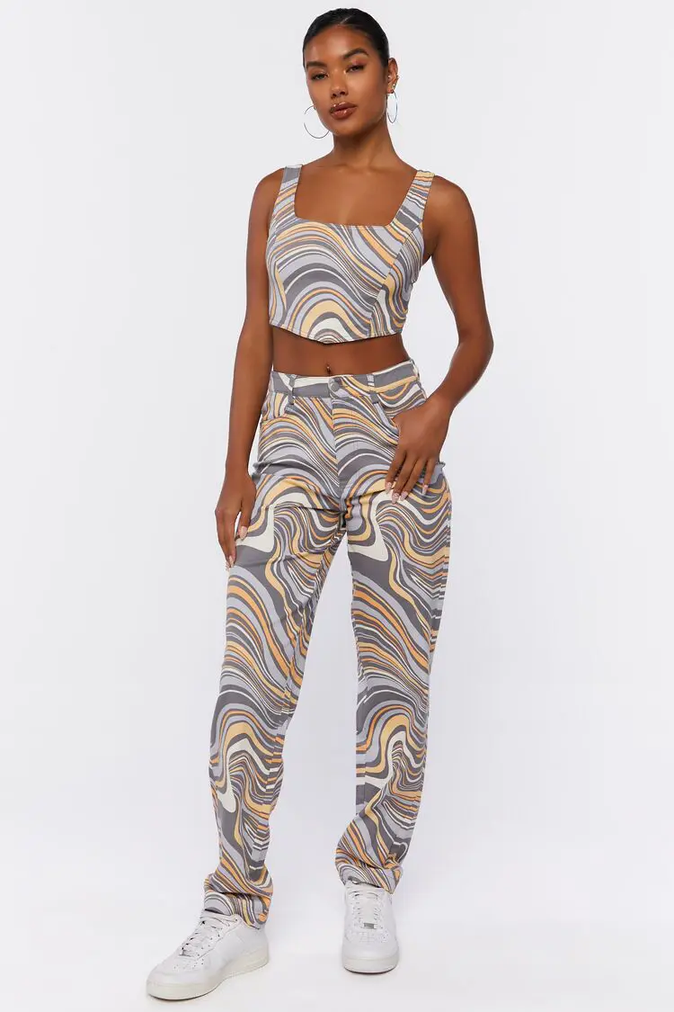 Forever 21 Forever 21 Abstract Crop Top &amp; Pants Set Brown/Multi. 1