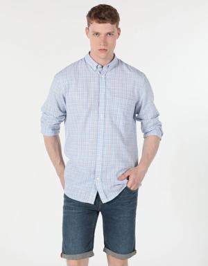Regular Fit Shirt Neck Çizgili Mavi Erkek Uzun Kol Gömlek