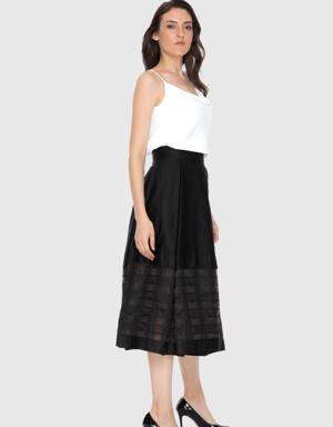 Transparent Plaid Detailed Pleated Black Poplin Midi Skirt