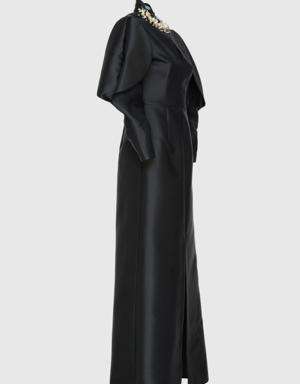 With Neck Stone Embroidered Detail Long Black Evening Dress