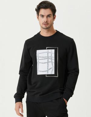 Slim Fit Siyah Nakışlı Sweatshirt