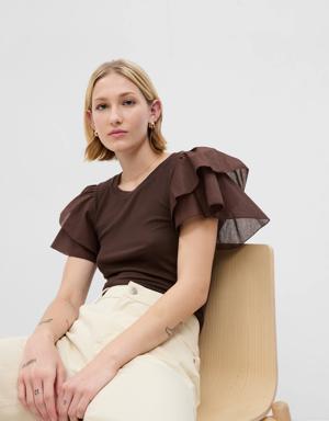 Mini Rib Ruffle Sleeve T-Shirt brown