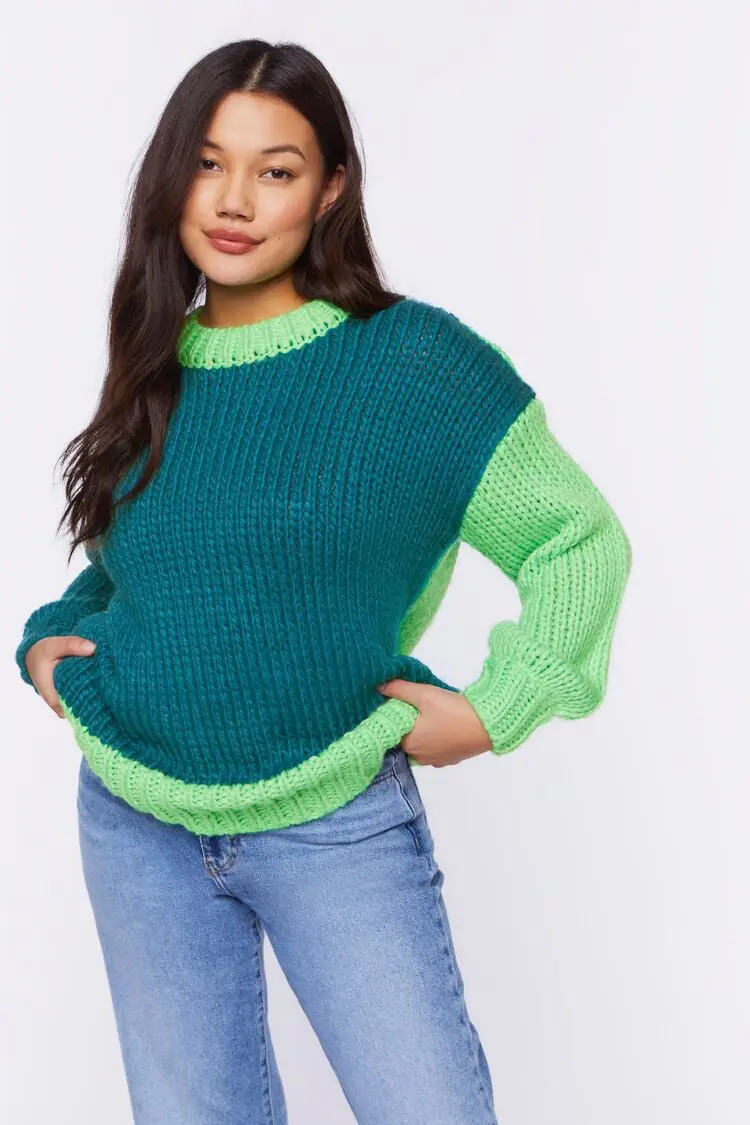 Forever 21 Forever 21 Colorblock Purl Knit Sweater Teal/Green. 1