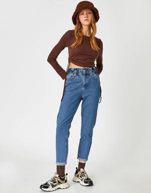 Beli Lastikli Yüksek Bel Kot Pantolon - Mom Jean