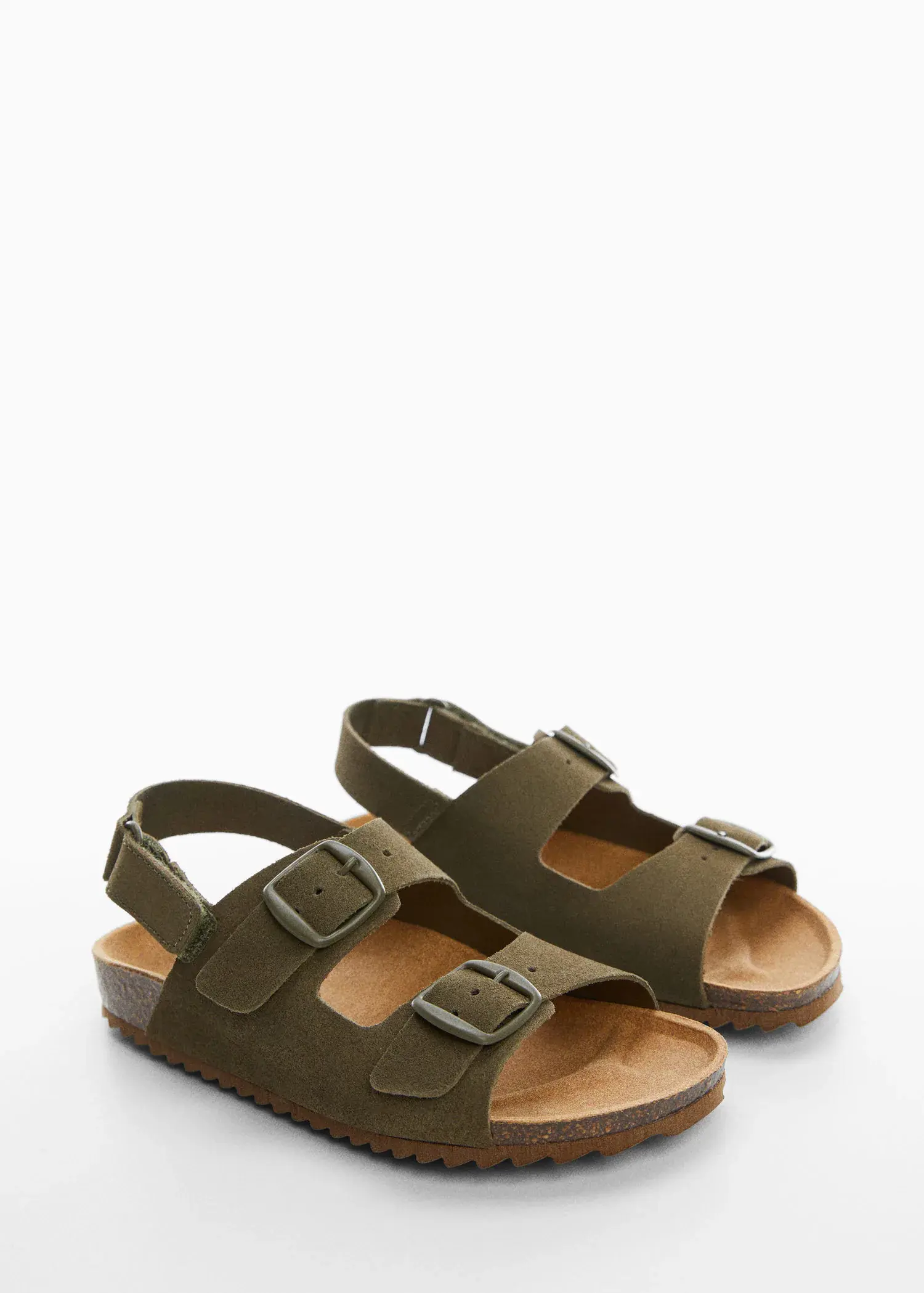Mango KIDS/ Leather buckle sandal. a close up of a pair of sandals on a white surface 