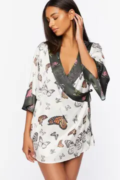 Forever 21 Forever 21 Satin Butterfly Print Robe White/Multi. 2