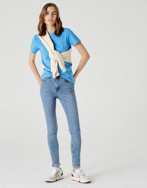 Kadın Slim Fit Bisiklet Yaka Baskılı Mavi T-Shirt
