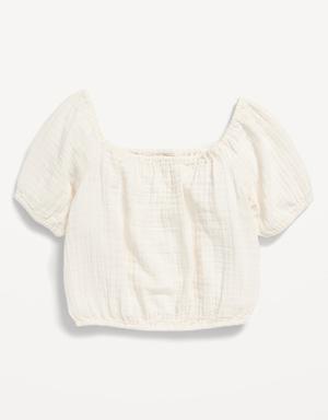 Double-Weave Cropped Puff-Sleeve Top for Girls white