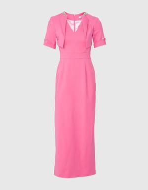 Embroidered Collar And Detailed Midi-Length Tight Pink Dress