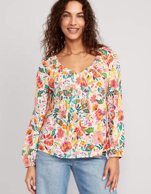 Long-Sleeve V-Neck Crinkled Boho Top for Women multi