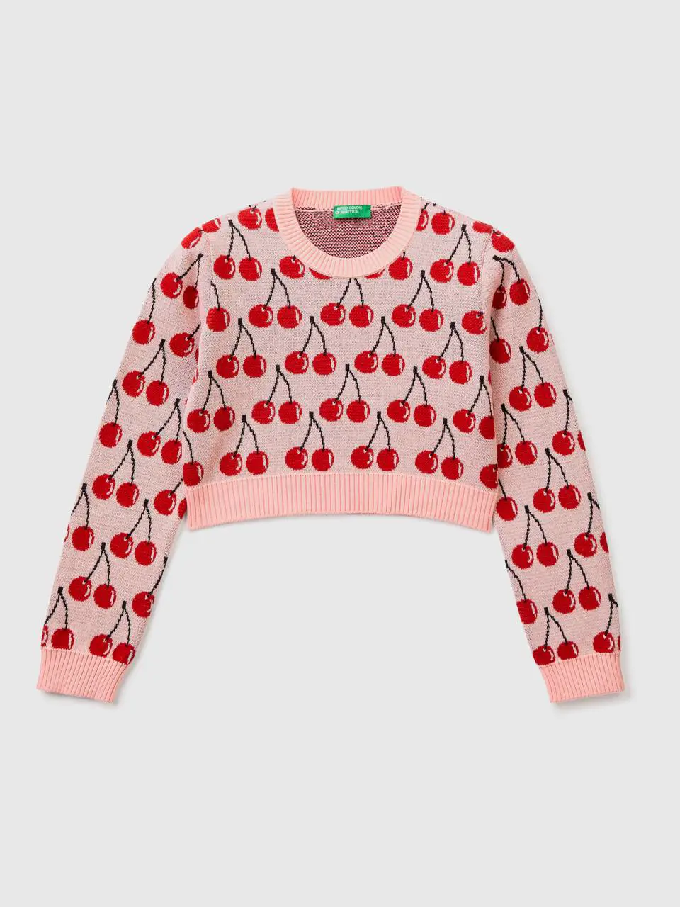 Benetton pink cropped sweater with cherry pattern. 1