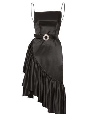 Spaghetti Strap Stone Belted Volan Skirt Midi Evening Dress