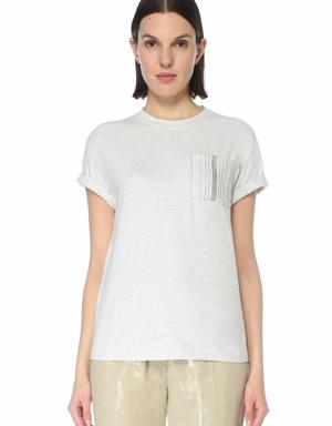 Beyaz Zincir Detaylı Cepli T-shirt