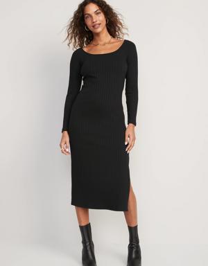 Fitted Long-Sleeve Rib-Knit Midi Dress for Women black