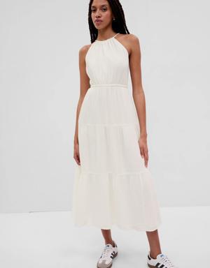 Crinkle Gauze Halter Keyhole Tiered Maxi Dress white