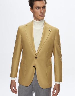 Damat Slim Fit Sarı Düz %100 Yün Kumaş Ceket