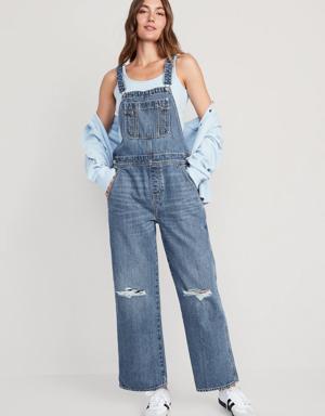 Baggy Wide-Leg Non-Stretch Ripped Jean Overalls for Women blue