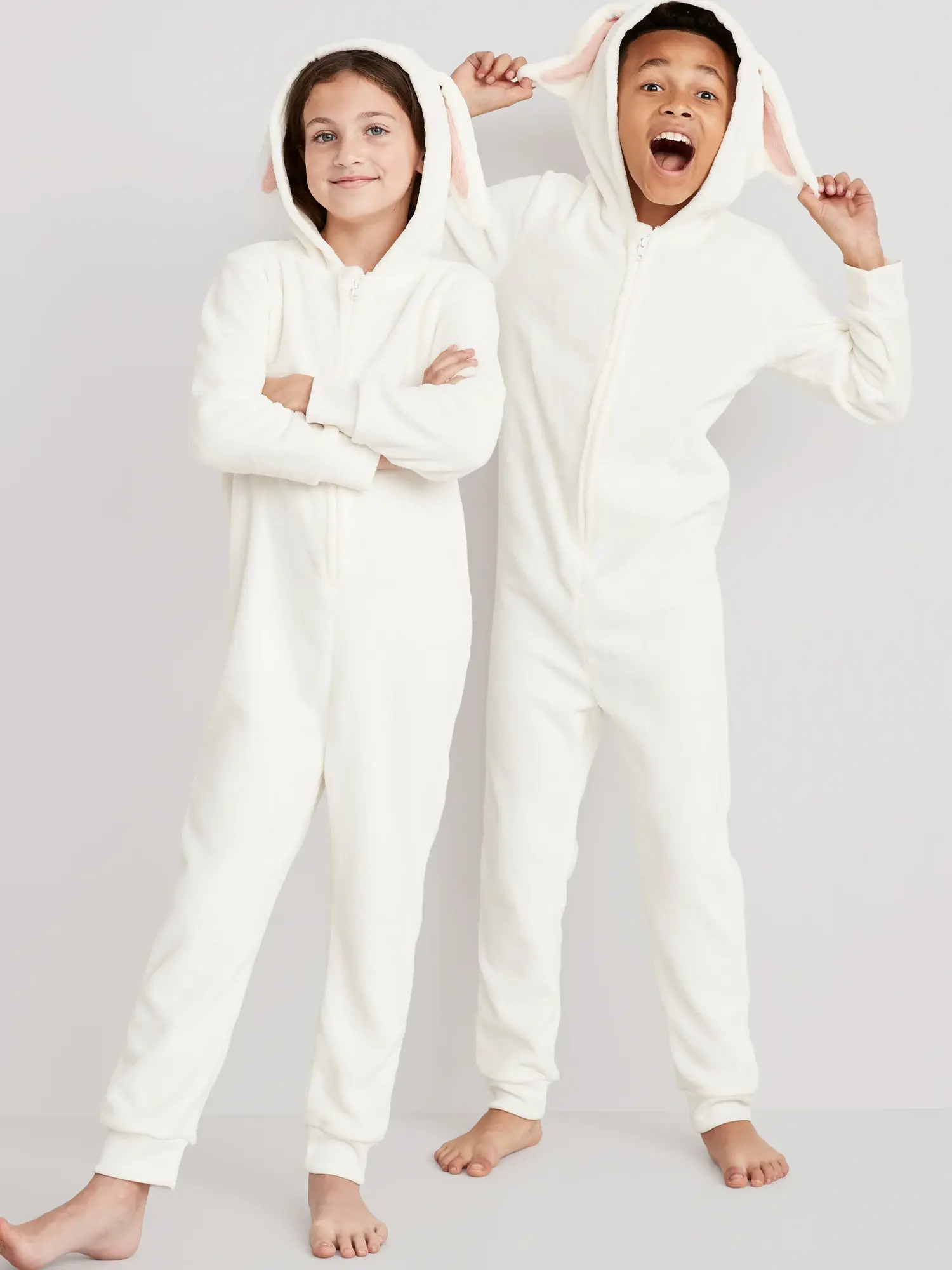 Old Navy Gender-Neutral Sherpa Hooded "Bunny" One-Piece Pajamas for Kids white. 1