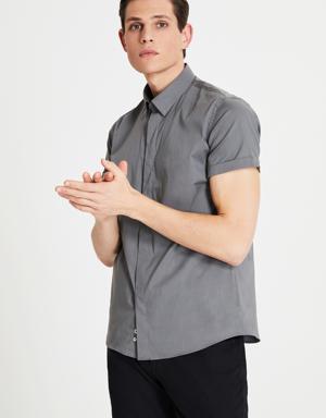 Tween Slim Fit Gri Düz Super Stretch Gömlek