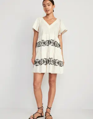 Matching Embroidered Flutter-Sleeve Mini Swing Dress for Women white