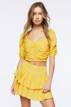 Forever 21 Forever 21 Tiered Linen Blend Mini Skirt Yellow Gold. 2