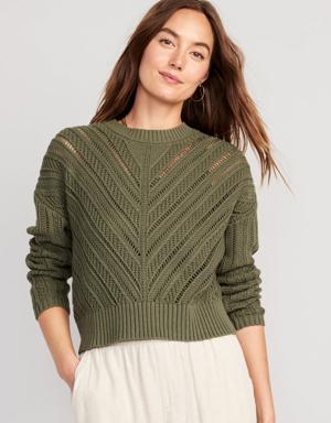 Cropped Chevron Open-Knit Sweater for Women green