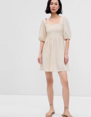 Linen-Blend Puff Sleeve Mini Dress beige