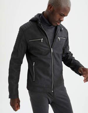 Slim Fit Kapüşonlu Suni Deri Mont