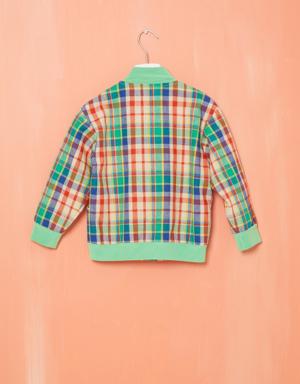 Colorful Knitted Green Plaid Jacket With Embroidery Detail