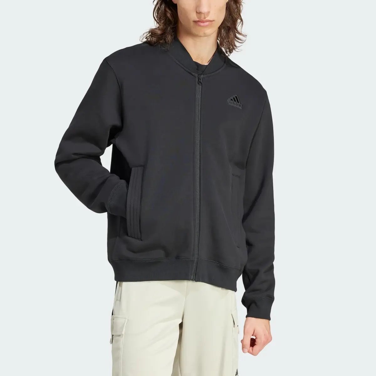 Adidas Lounge Fleece Bomber Jacket With Zip Opening. 1