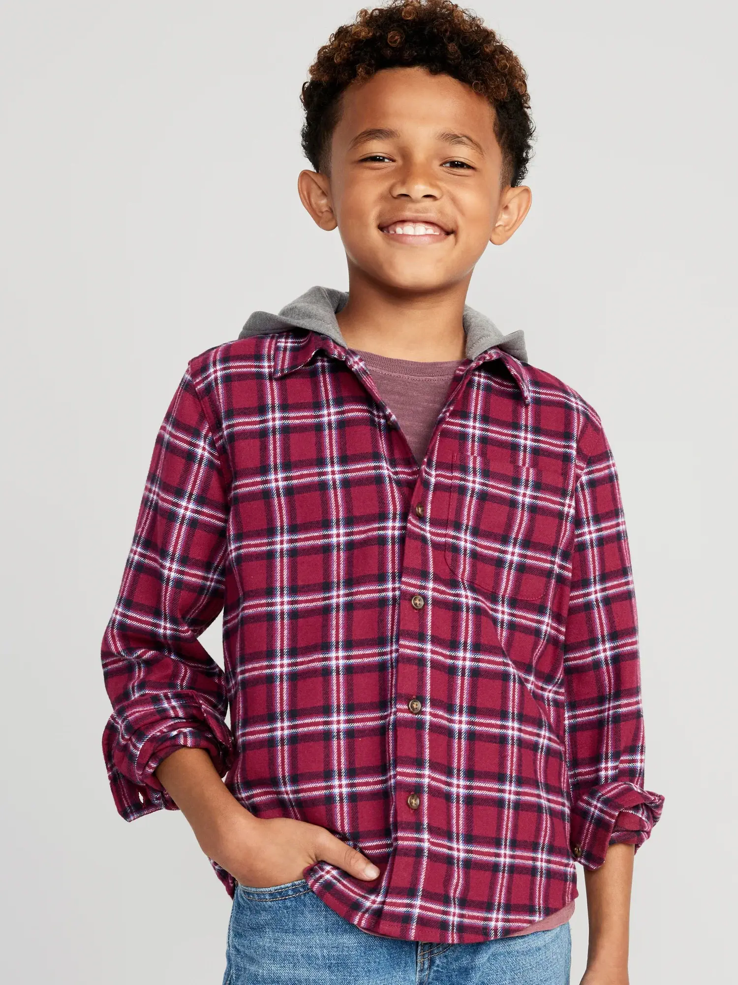 Old Navy Hooded Soft-Brushed Flannel Shirt for Boys purple. 1