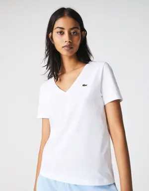 Lacoste Playera de algodón holgada con cuello en V para mujer