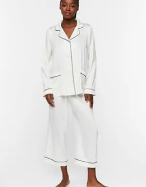 Forever 21 Satin Piped Trim Shirt &amp; Shorts Pants Set White