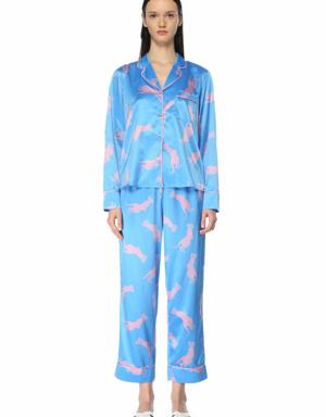 Mavi Mirket Desenli Saten Pijama Takımı