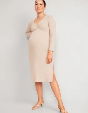 Maternity Long-Sleeve Cross-Front Nursing Midi Dress multi
