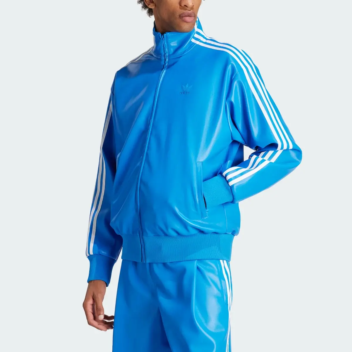 Adidas Faux Leather Adicolor 3-Stripes Loose Firebird Track Suit Jacket. 1