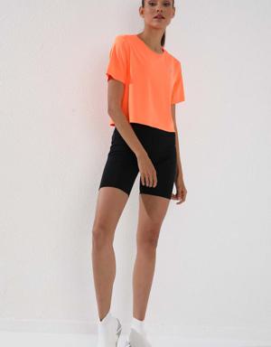 Neon Oranj Basic Kısa Kol Standart Kalıp O Yaka Kadın Crop Top T-Shirt - 97143
