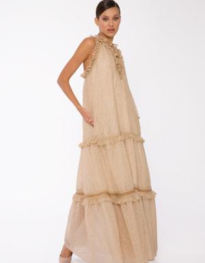 Beige Tulle Dress With Ribbon And Ruffle Detail Tie Collar