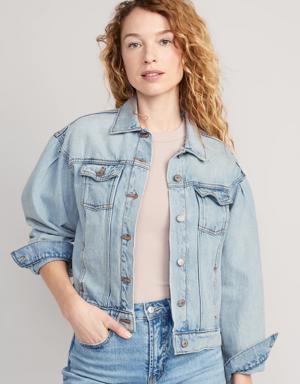 Puff-Sleeve Classic Non-Stretch Jean Jacket for Women blue
