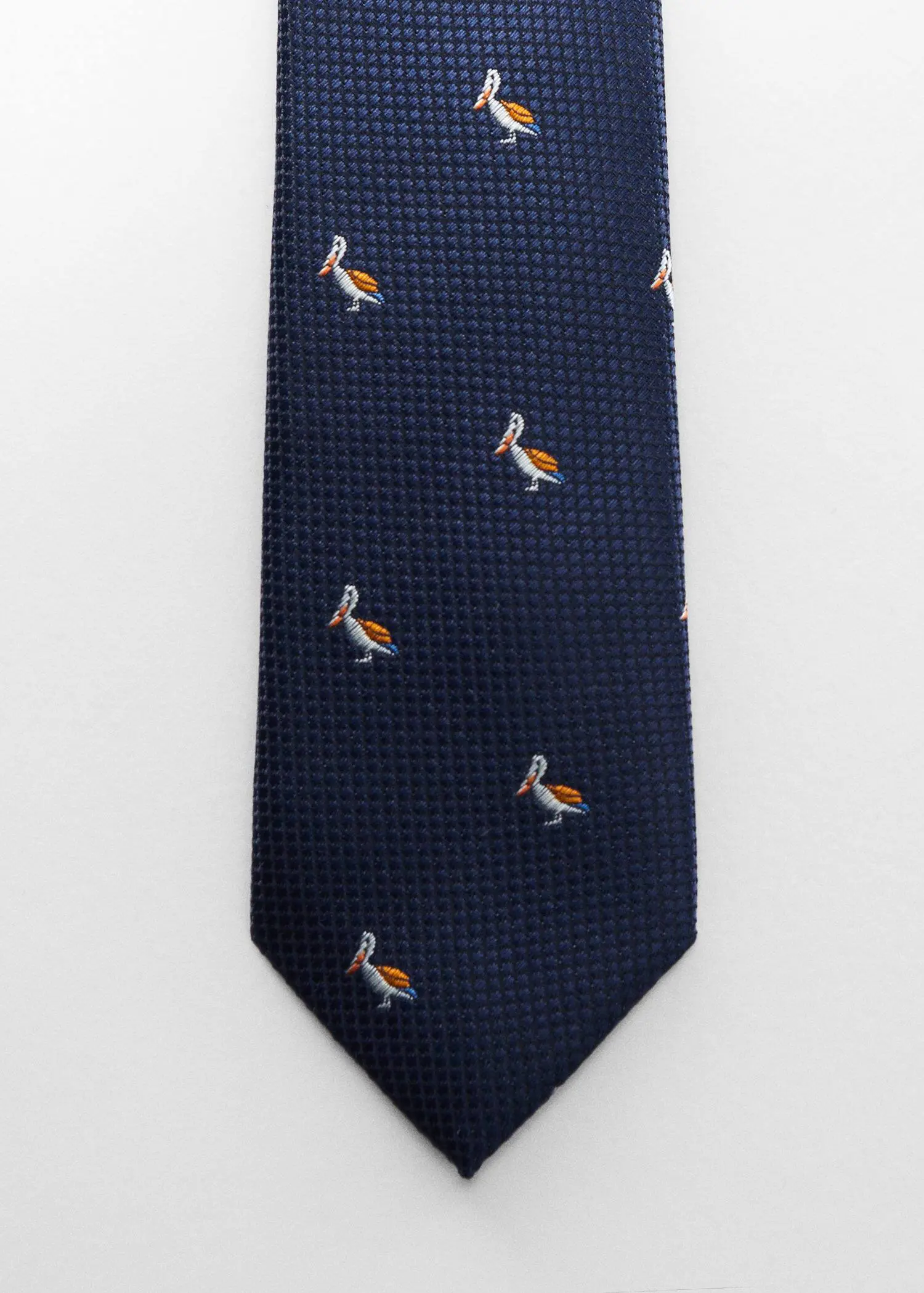 Mango Tie with animals print . a blue neck tie with an image of a pelican. 
