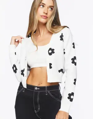 Forever 21 Floral Print Cardigan Sweater White/Black