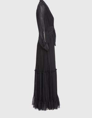 V Neck Pleated Detailed Black Long Evening Dress