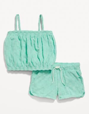 Sleeveless Patterned Loop-Terry Top & Cheer Shorts Set for Girls green