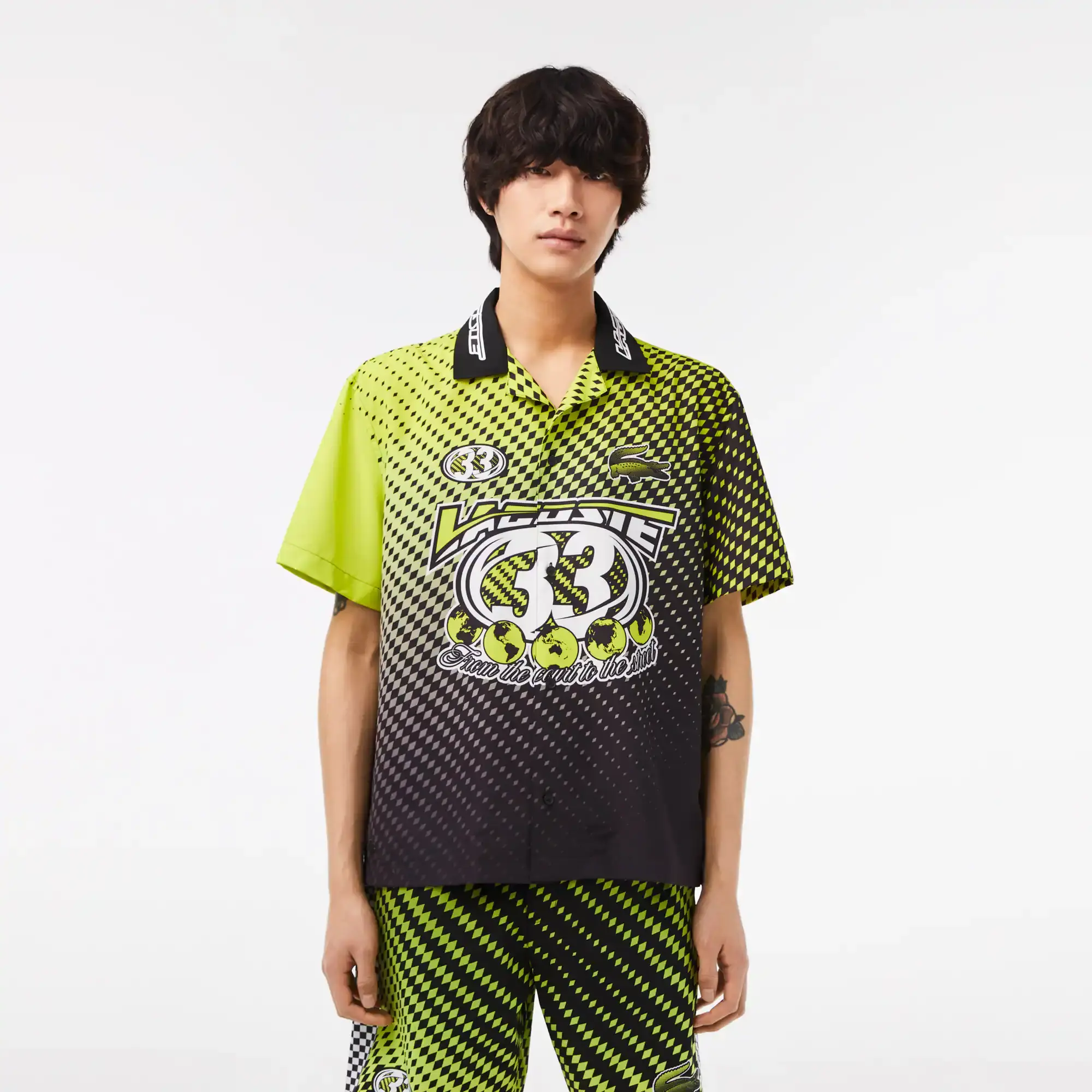 Lacoste Men’s Short Sleeve Ombré Checkerboard Print Shirt. 1