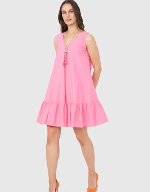 Necklace Detailed Ruffle Pink Mini Dress