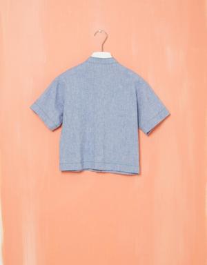 Short Sleeved Blue Shirt With Embroidery Detail Judge Collar